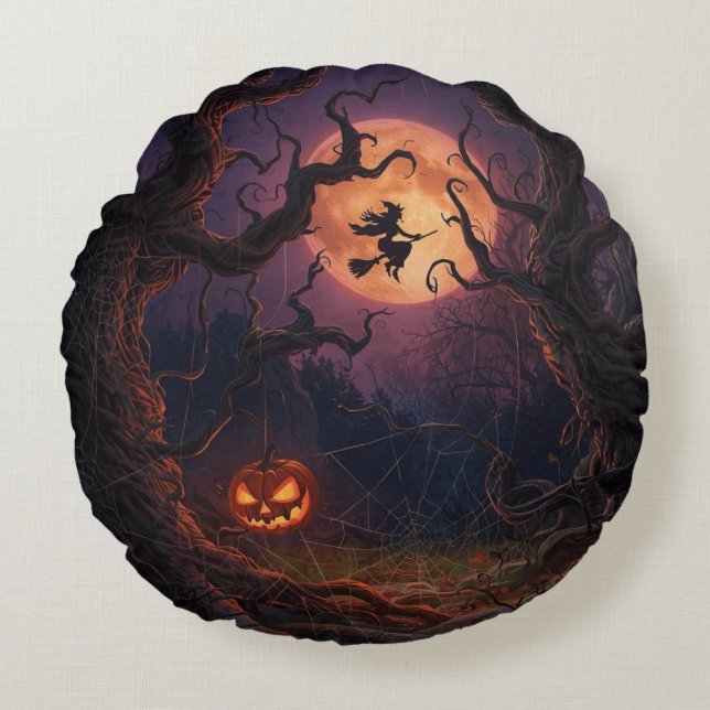 Halloween Hexe & Kürbiskissen Rundes Kissen (Vorderseite)