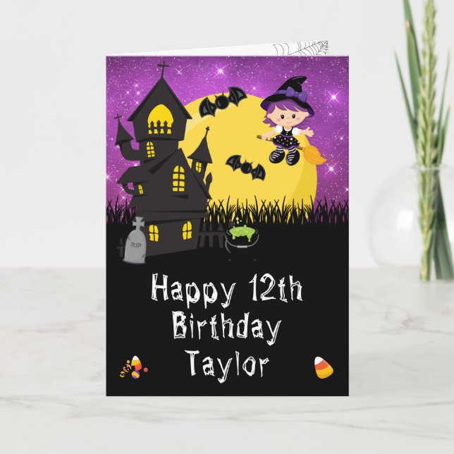 Halloween Hexe Lila Happy Geburtstag Karte (Vorderseite)