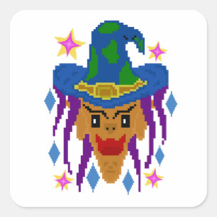 Halloween-Hexe mit Besen – Pixel-Art Quadratischer Aufkleber