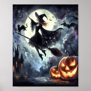Halloween-Hexe mit Besen und Katze Poster