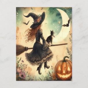 Halloween-Hexe mit Besen und Katze Postkarte