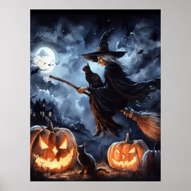 Halloween Hexe mit Broom und Katze Poster (Vorne)
