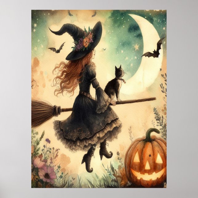 Halloween Hexe mit Broom und Katze Poster (Vorne)