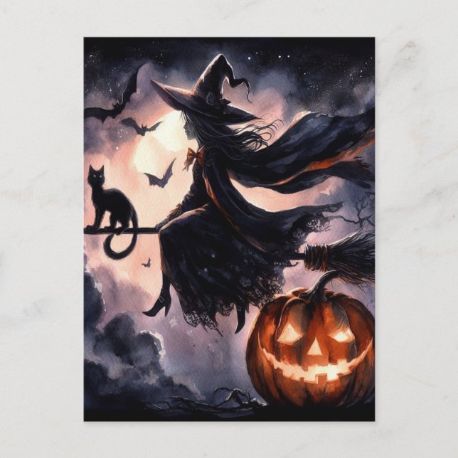 Halloween Hexe mit Broom und Katze Postkarte (Vorderseite)
