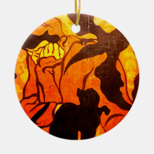 Halloween Hexe mit einer schwarzen Katze Keramik Ornament