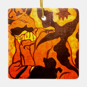 Halloween Hexe mit einer schwarzen Katze Keramikornament