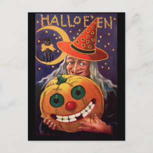 Halloween Hexe mit Funny Pumpkin Postkarte
