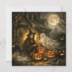 Halloween-Hexe mit Geist, Monstern und Kürbissen Feiertagskarte