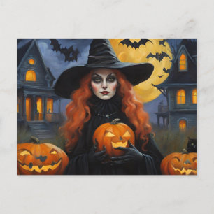 Halloween Hexe mit Jack O'Lantern Illustration Feiertagspostkarte