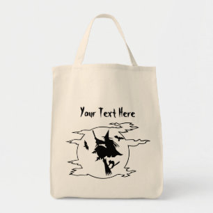 Halloween-Hexe mit Katze und Fledermaus Tragetasche