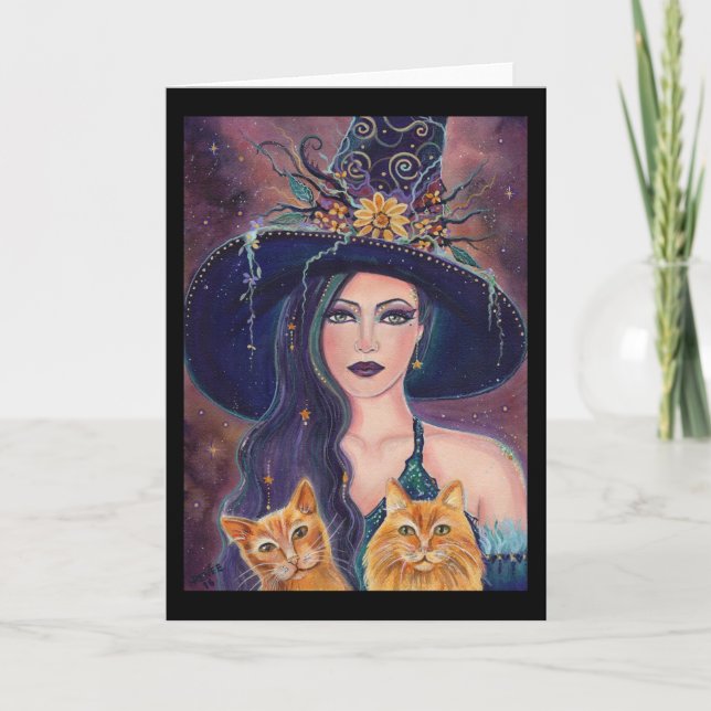 Halloween-Hexe mit Katzen-Grußkarte von Renee Karte (Vorderseite)