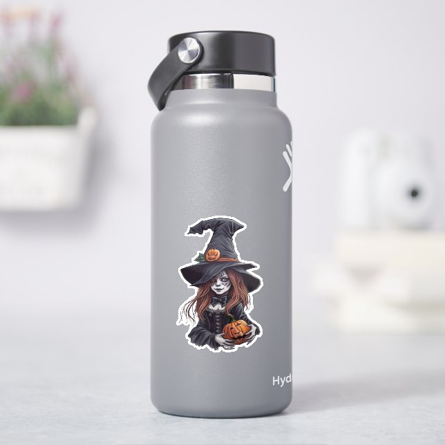 Halloween-Hexe mit Kürbis -  Aufkleber (HydroFlask)