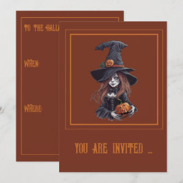 Halloween-Hexe mit Kürbis - Einladung