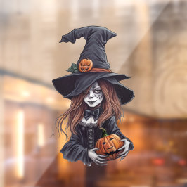 Halloween-Hexe mit Kürbis - Fensteraufkleber