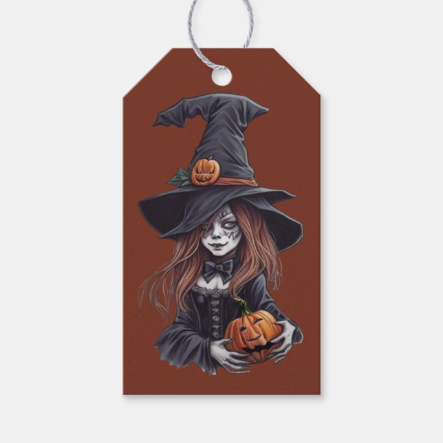 Halloween-Hexe mit Kürbis -  Geschenkanhänger (Vorderseite)