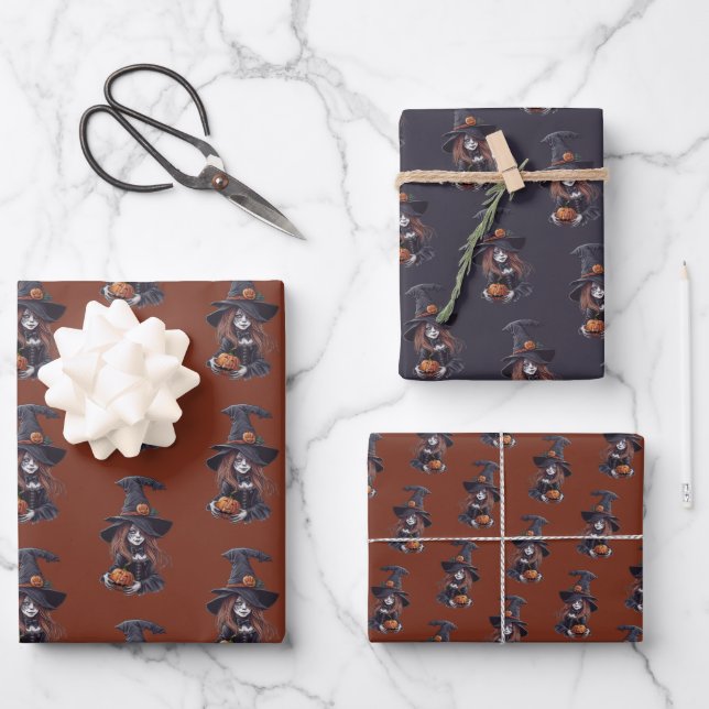 Halloween-Hexe mit Kürbis -  Geschenkpapier Set (Vorderseite)
