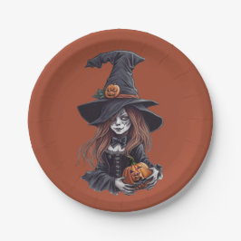 Halloween-Hexe mit Kürbis -  Pappteller