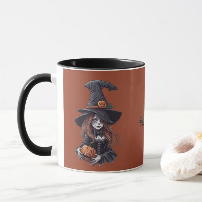 Halloween-Hexe mit Kürbis -  Tasse (Mit Donut)