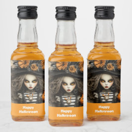 Halloween-Hexe mit Kürbissen Alkoholflaschenetikett