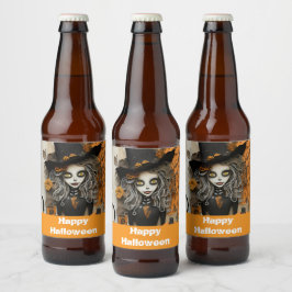 Halloween-Hexe mit Kürbissen Bierflaschenetikett