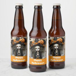 Halloween-Hexe mit Kürbissen Bierflaschenetikett