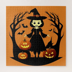 Halloween-Hexe mit Kürbissen in einer unheimlichen
