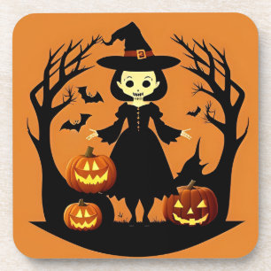 Halloween-Hexe mit Kürbissen in einer unheimlichen Getränkeuntersetzer