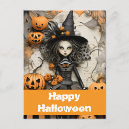 Halloween-Hexe mit Kürbissen Postkarte