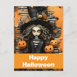 Halloween-Hexe mit Kürbissen Postkarte