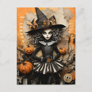 Halloween-Hexe mit Kürbissen Postkarte
