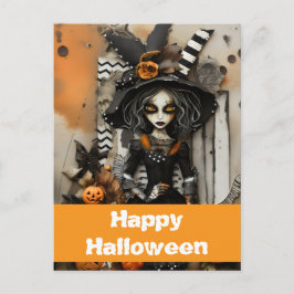Halloween-Hexe mit Kürbissen Postkarte