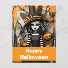 Halloween-Hexe mit Kürbissen Postkarte