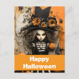 Halloween-Hexe mit Kürbissen Postkarte