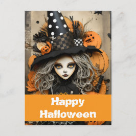 Halloween-Hexe mit Kürbissen Postkarte