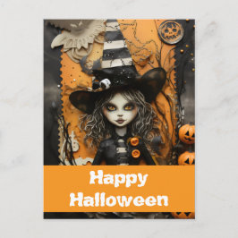 Halloween-Hexe mit Kürbissen Postkarte