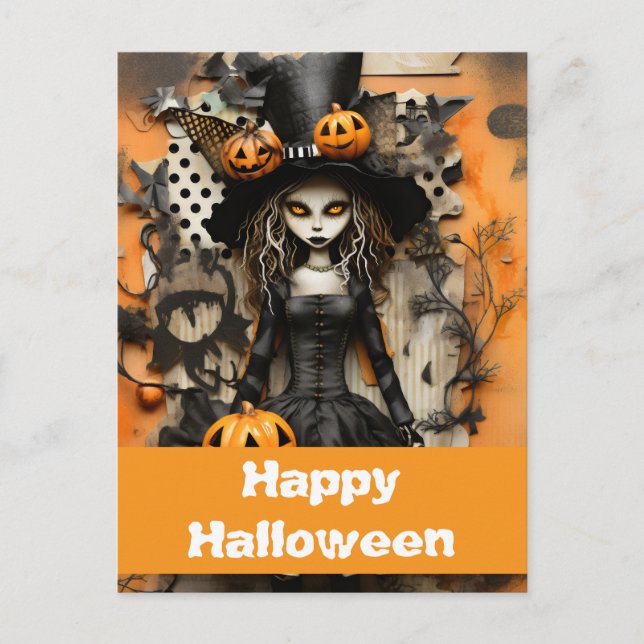 Halloween-Hexe mit Kürbissen Postkarte (Vorderseite)