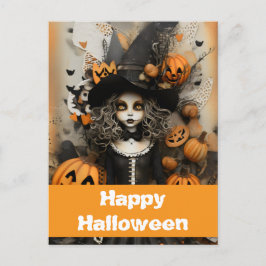 Halloween-Hexe mit Kürbissen Postkarte