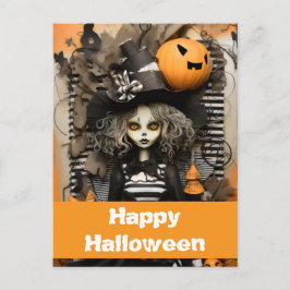 Halloween-Hexe mit Kürbissen Postkarte