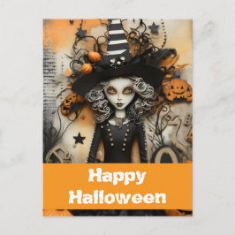 Halloween-Hexe mit Kürbissen Postkarte