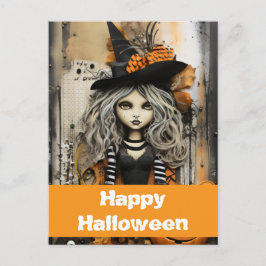 Halloween-Hexe mit Kürbissen Postkarte