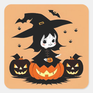 Halloween-Hexe mit Kürbissen Quadratischer Aufkleber