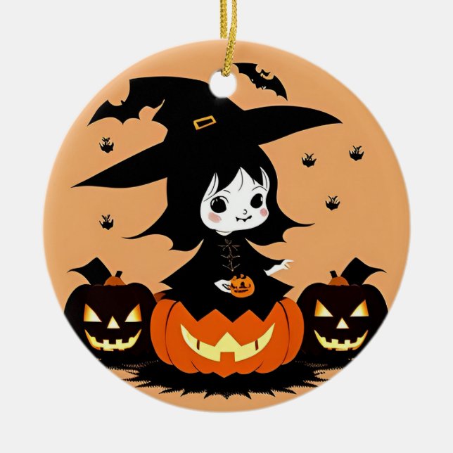 Halloween Hexe mit Pumpkins Keramik Ornament (Vorne)