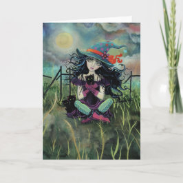 Halloween-Hexe mit schwarze Katzen-Fantasie-Kunst Karte