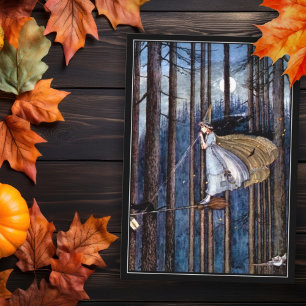 Halloween Hexe mit schwarzer Katze auf dem Zimmer Karte