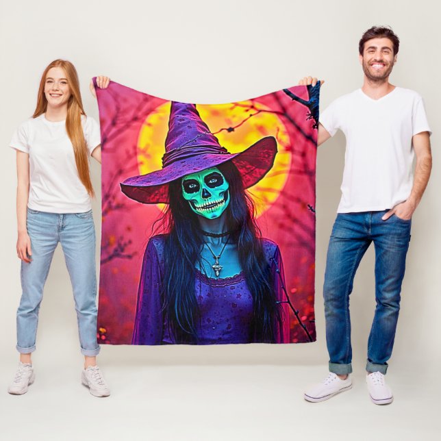 Halloween Hexe mit Skull Face Design Fleecedecke (Beispiel)