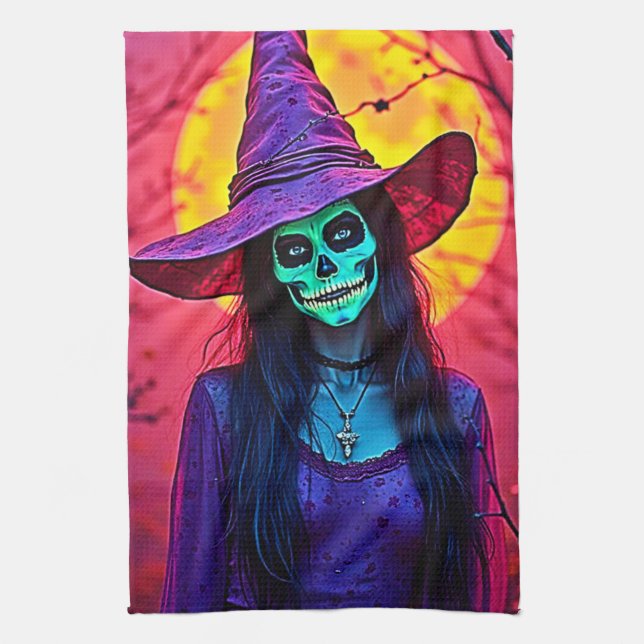 Halloween Hexe mit Skull Face Design Geschirrtuch (Vertikal)