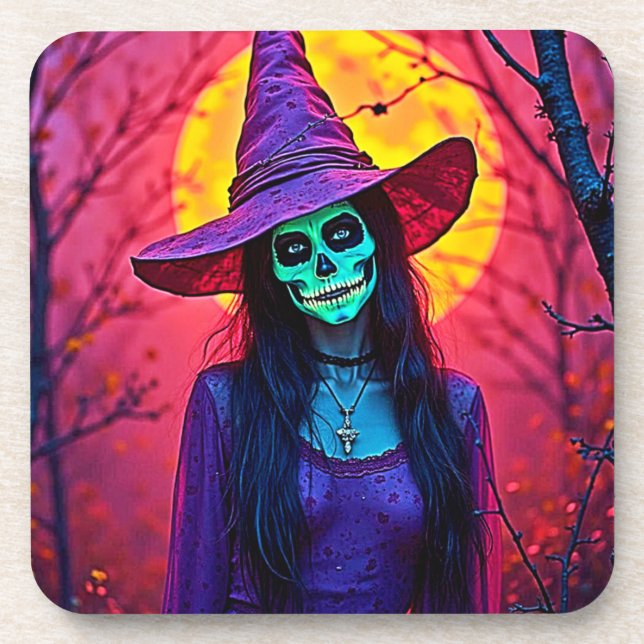 Halloween Hexe mit Skull Face Design Getränkeuntersetzer (Vorderseite)