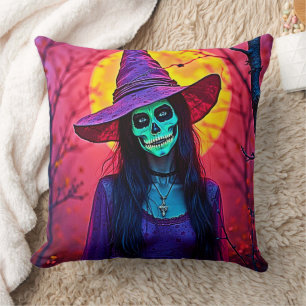 Halloween Hexe mit Skull Face Design Kissen