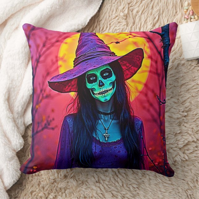 Halloween Hexe mit Skull Face Design Kissen (Decke)