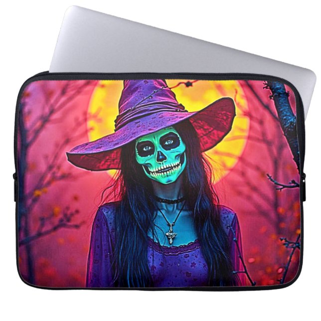Halloween Hexe mit Skull Face Design Laptopschutzhülle (Vorderseite)